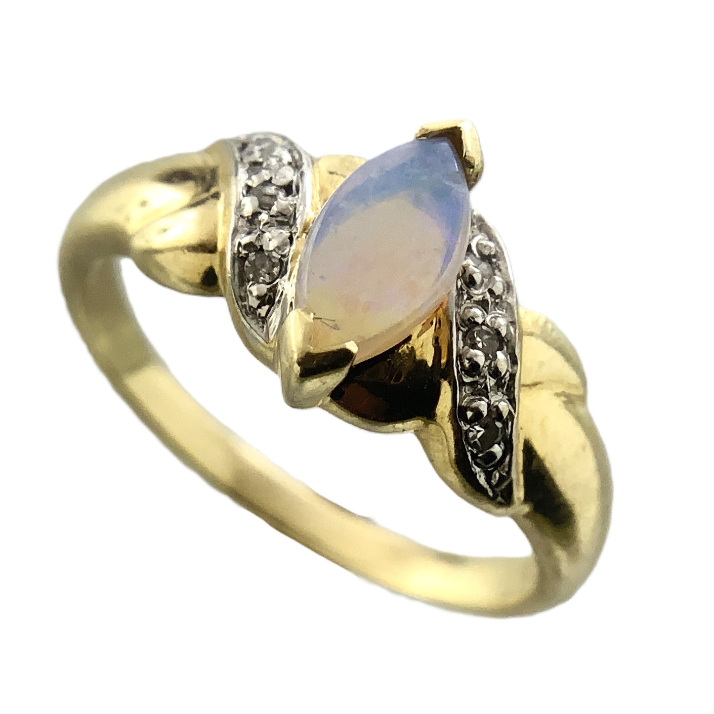 10K Yellow Gold Marquise Cut Opal with Diamond Twisted Bypass Accents .06 Total Carats Size 6 Ring AU418