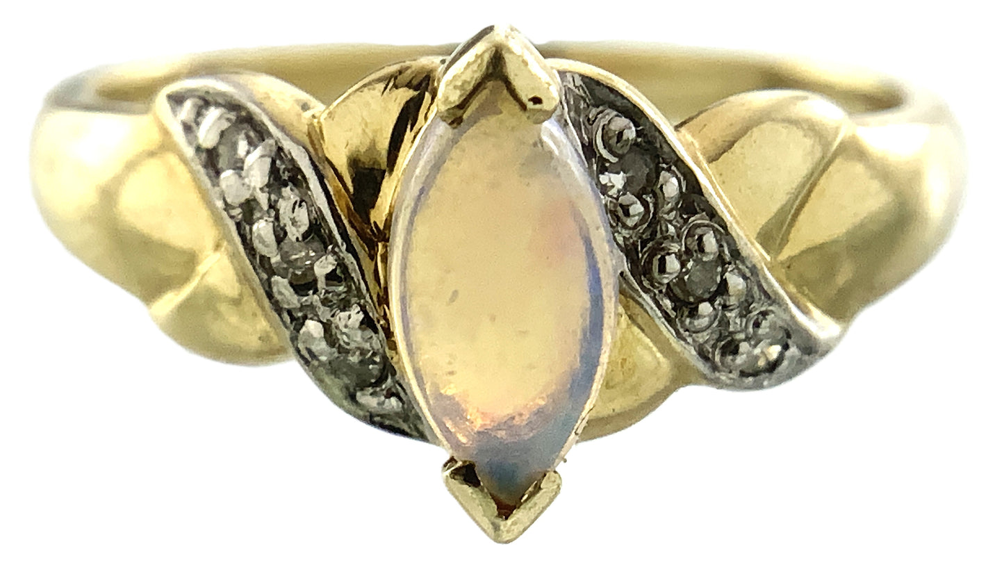 10K Yellow Gold Marquise Cut Opal with Diamond Twisted Bypass Accents .06 Total Carats Size 6 Ring AU418