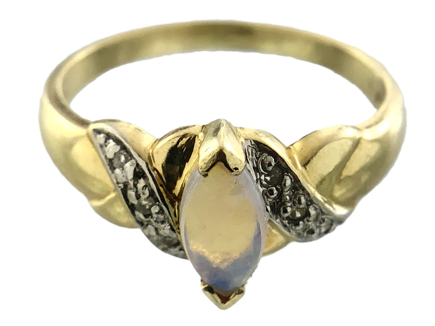 10K Yellow Gold Marquise Cut Opal with Diamond Twisted Bypass Accents .06 Total Carats Size 6 Ring AU418