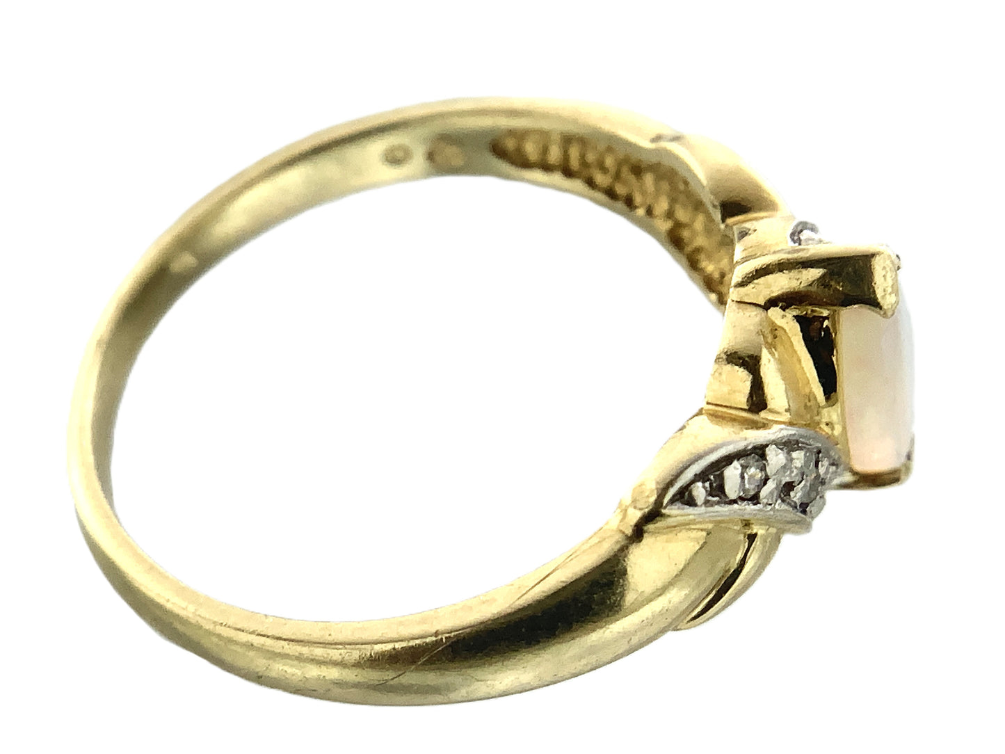 10K Yellow Gold Marquise Cut Opal with Diamond Twisted Bypass Accents .06 Total Carats Size 6 Ring AU418