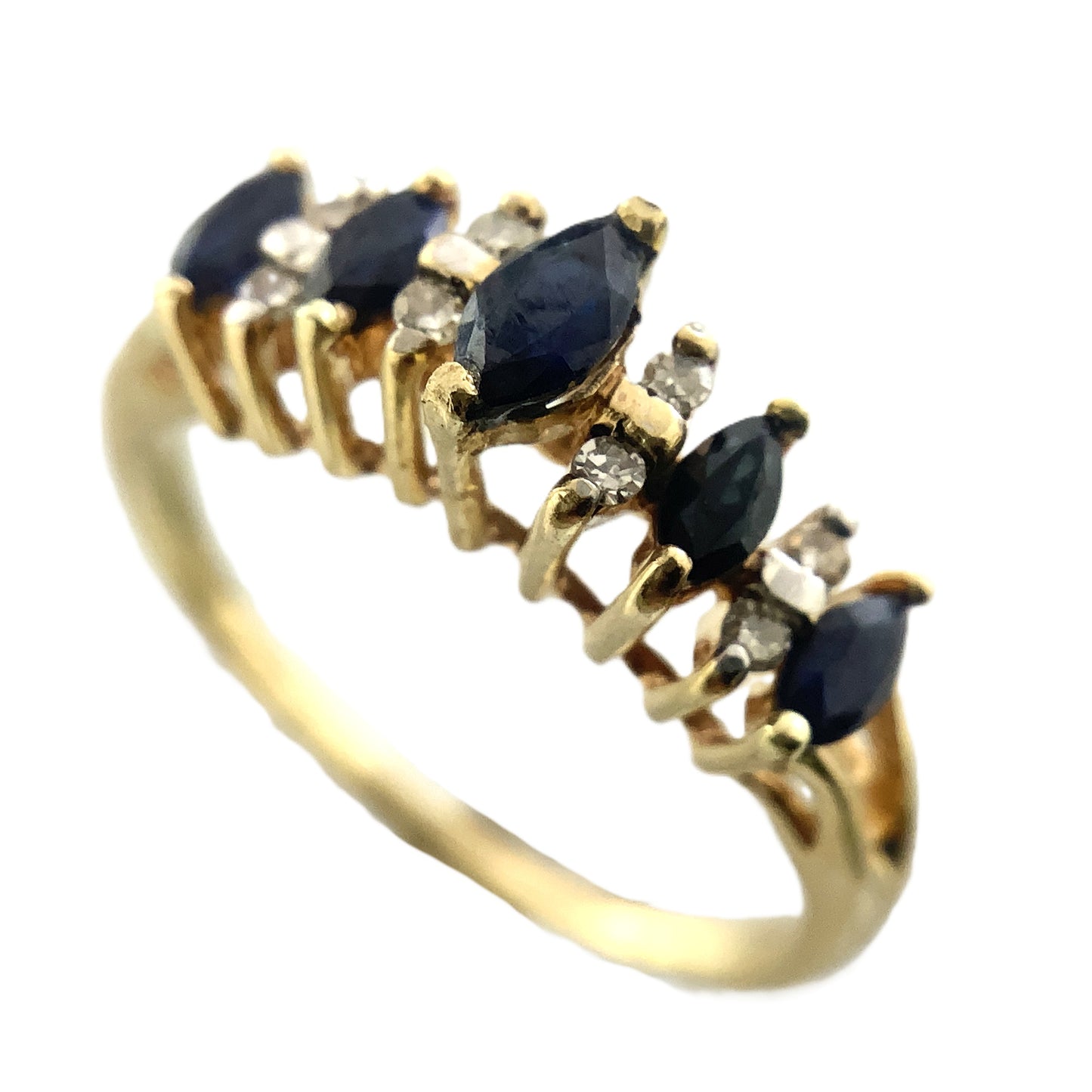 10K Yellow Gold 5 Marquise Cut Blue Sapphires with Diamond .16 Total Carats Size 8.25 Ring AU419