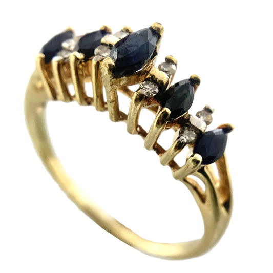 10K Yellow Gold 5 Marquise Cut Blue Sapphires with Diamond .16 Total Carats Size 8.25 Ring AU419