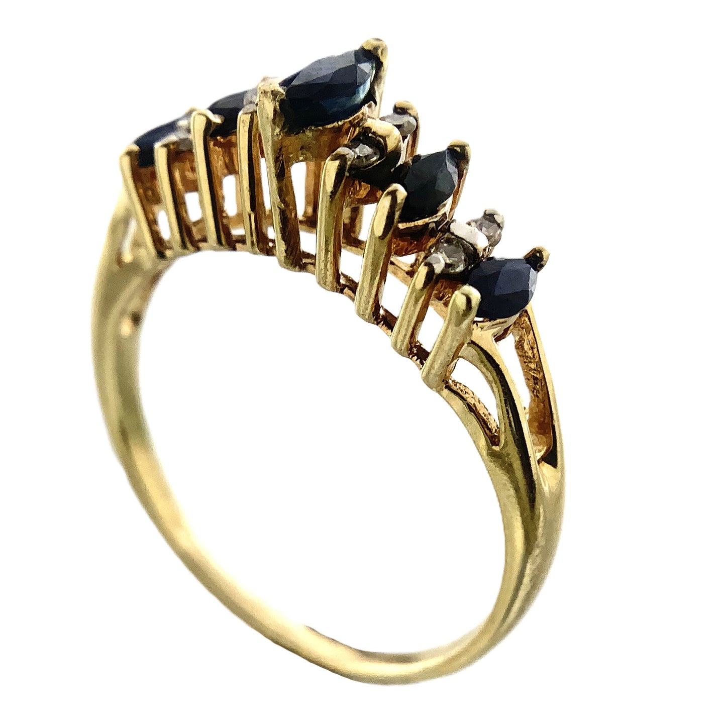 10K Yellow Gold 5 Marquise Cut Blue Sapphires with Diamond .16 Total Carats Size 8.25 Ring AU419