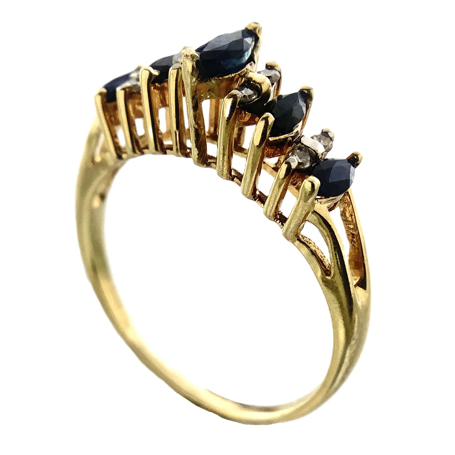 10K Yellow Gold 5 Marquise Cut Blue Sapphires with Diamond .16 Total Carats Size 8.25 Ring AU419