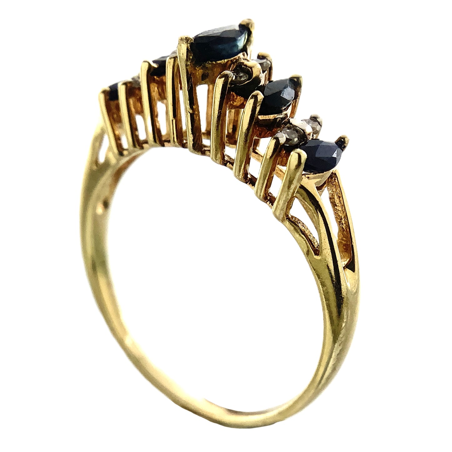10K Yellow Gold 5 Marquise Cut Blue Sapphires with Diamond .16 Total Carats Size 8.25 Ring AU419