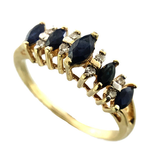 10K Yellow Gold 5 Marquise Cut Blue Sapphires with Diamond .16 Total Carats Size 8.25 Ring AU419