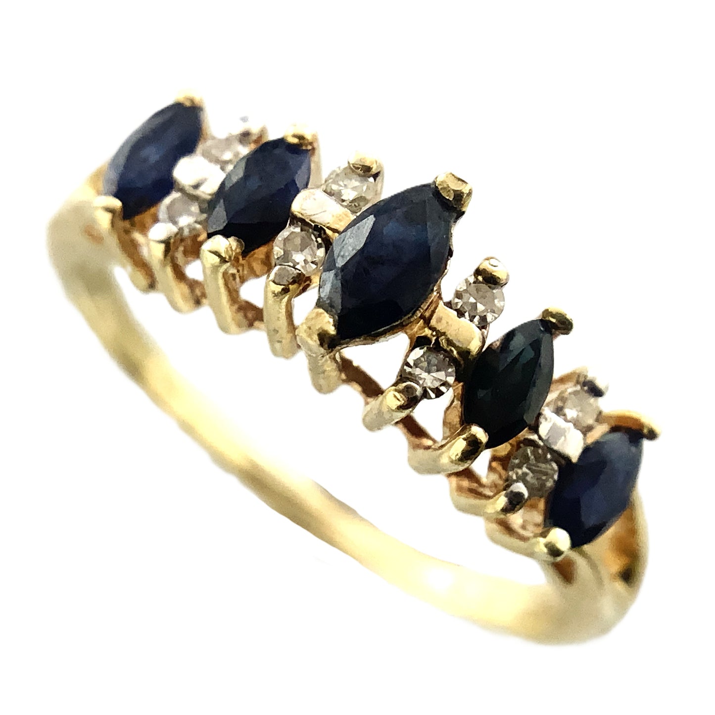 10K Yellow Gold 5 Marquise Cut Blue Sapphires with Diamond .16 Total Carats Size 8.25 Ring AU419