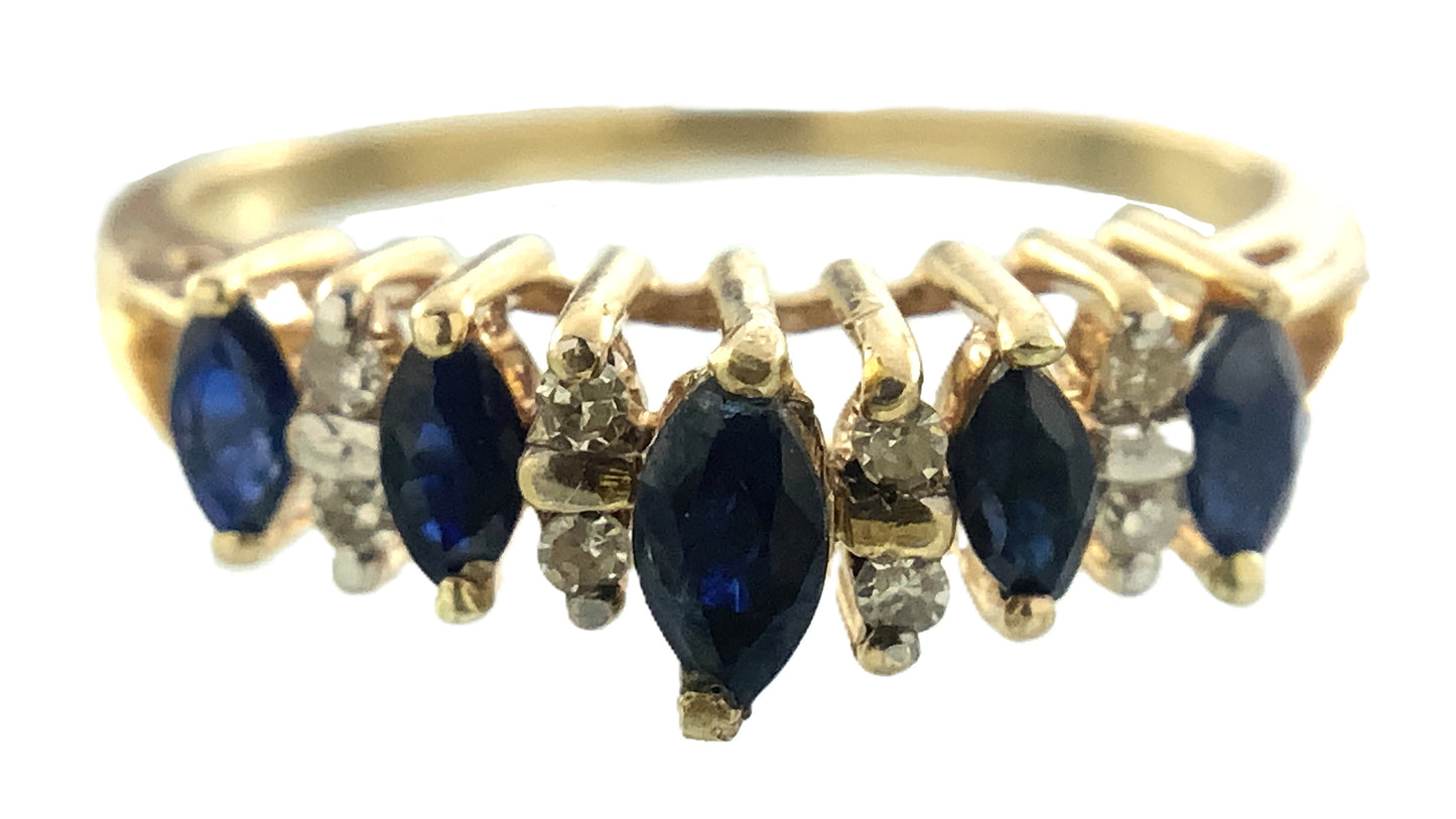 10K Yellow Gold 5 Marquise Cut Blue Sapphires with Diamond .16 Total Carats Size 8.25 Ring AU419