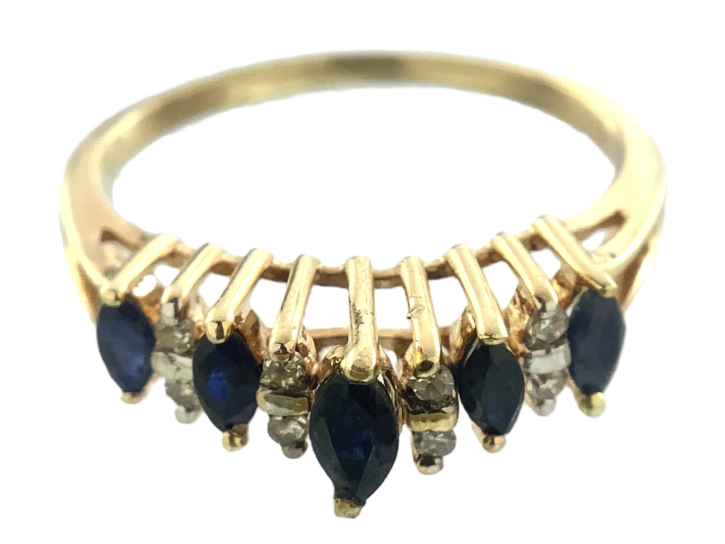 10K Yellow Gold 5 Marquise Cut Blue Sapphires with Diamond .16 Total Carats Size 8.25 Ring AU419