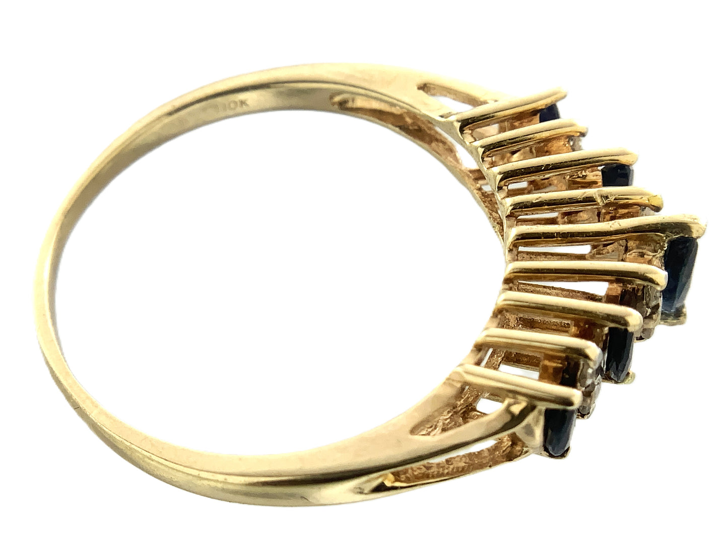 10K Yellow Gold 5 Marquise Cut Blue Sapphires with Diamond .16 Total Carats Size 8.25 Ring AU419