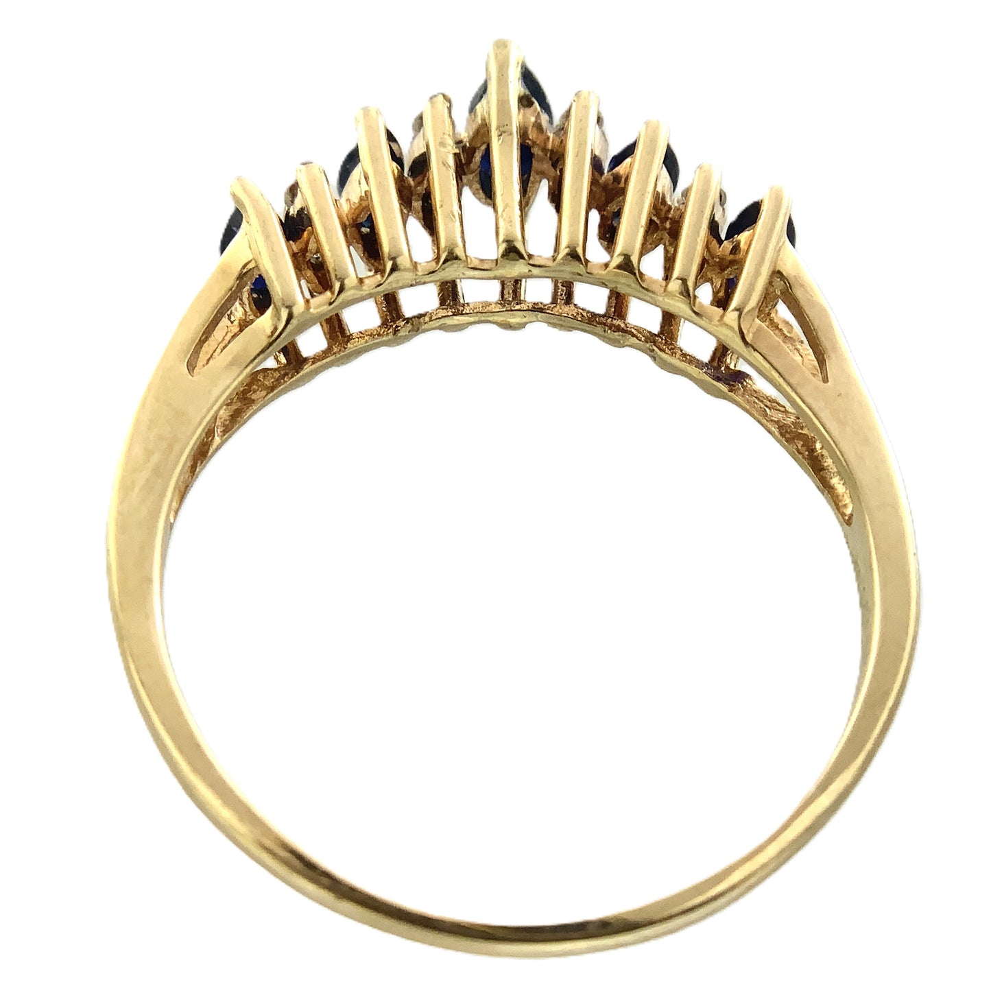 10K Yellow Gold 5 Marquise Cut Blue Sapphires with Diamond .16 Total Carats Size 8.25 Ring AU419