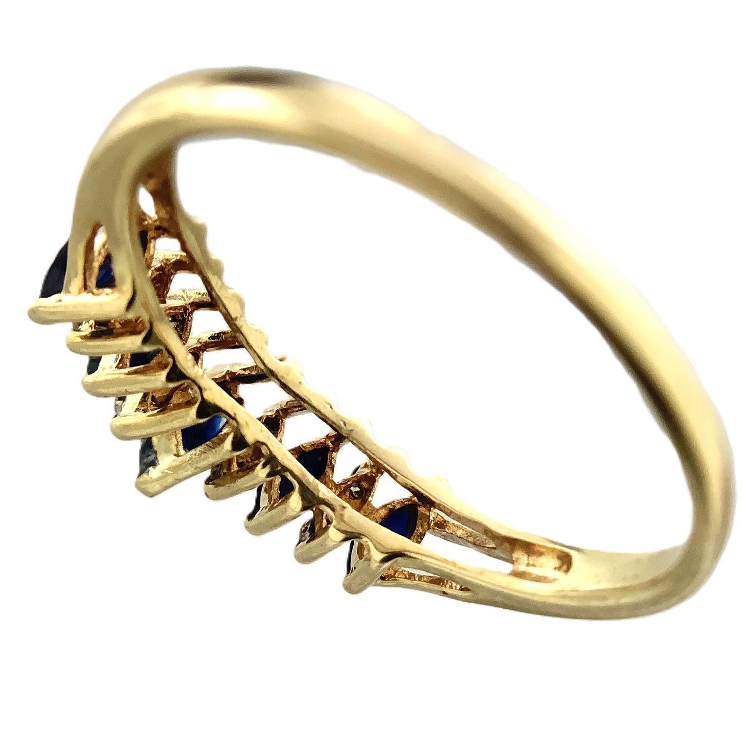 10K Yellow Gold 5 Marquise Cut Blue Sapphires with Diamond .16 Total Carats Size 8.25 Ring AU419