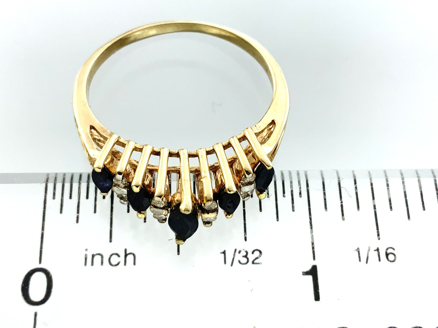 10K Yellow Gold 5 Marquise Cut Blue Sapphires with Diamond .16 Total Carats Size 8.25 Ring AU419