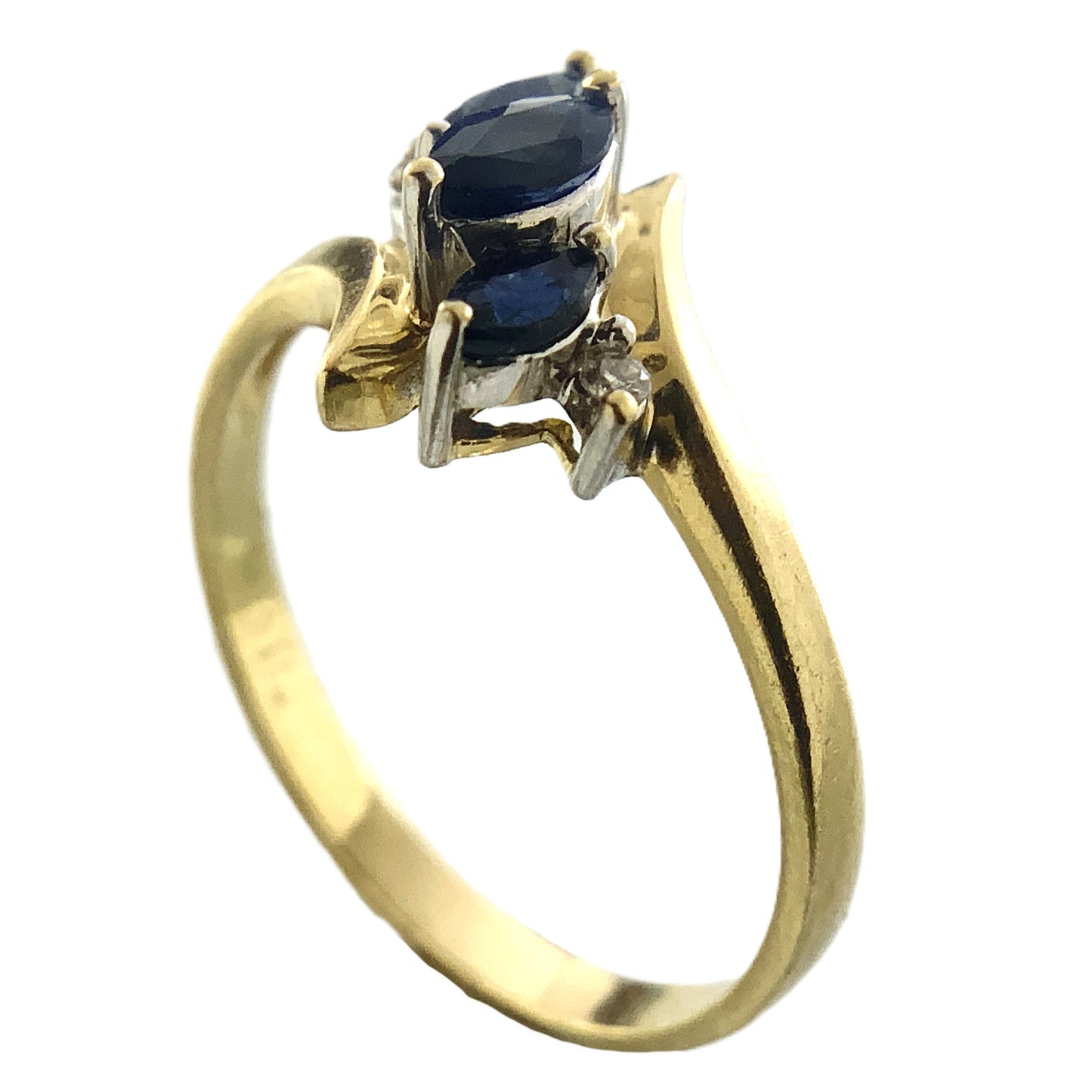 10K Yellow Gold 3 Marquise Cut Blue Sapphires with 2 Diamonds .04 Total Carats Size 6.5 Bypass Ring AU420