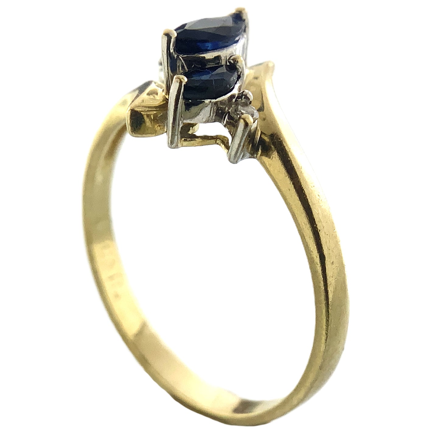 10K Yellow Gold 3 Marquise Cut Blue Sapphires with 2 Diamonds .04 Total Carats Size 6.5 Bypass Ring AU420