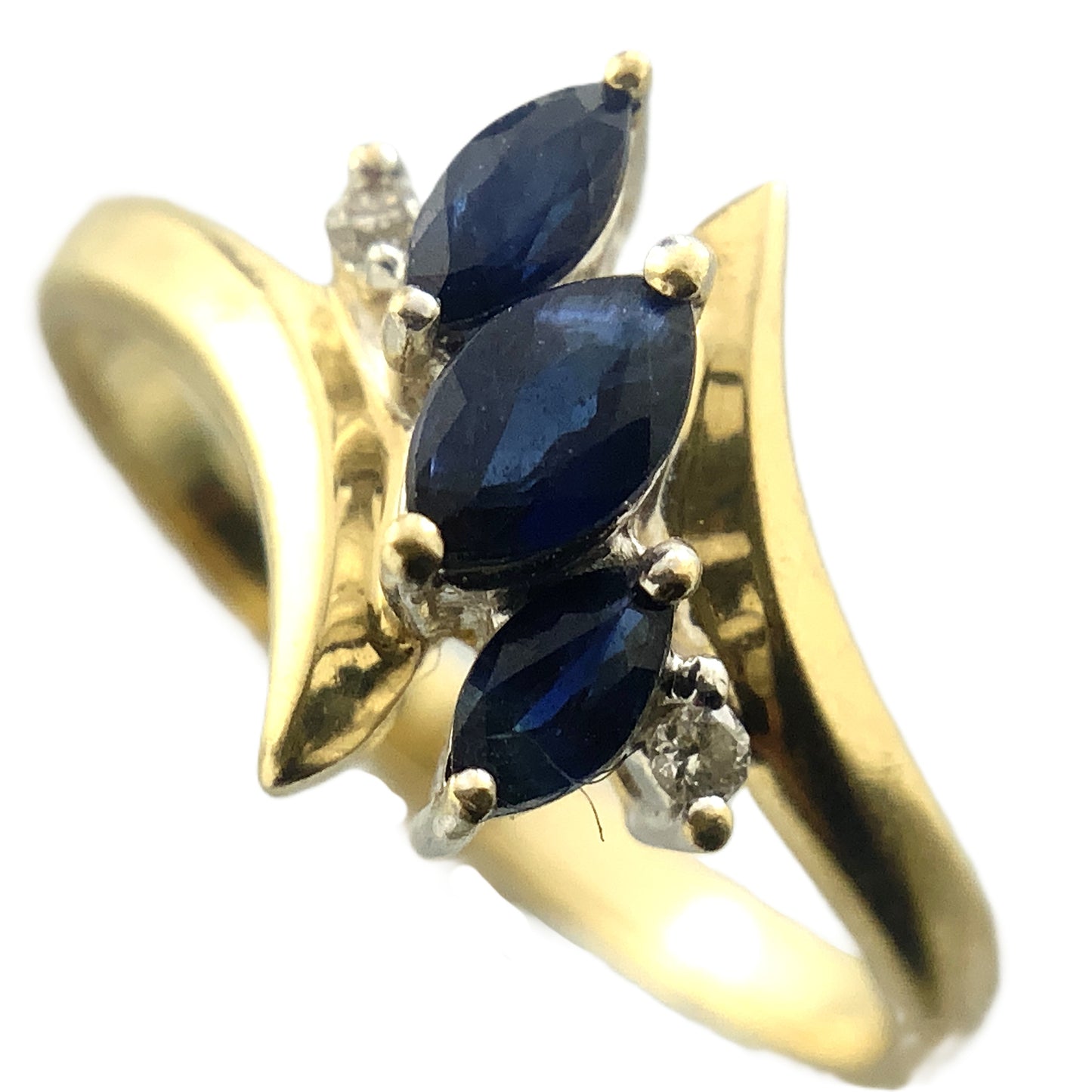 10K Yellow Gold 3 Marquise Cut Blue Sapphires with 2 Diamonds .04 Total Carats Size 6.5 Bypass Ring AU420