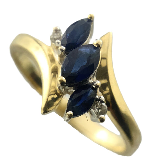10K Yellow Gold 3 Marquise Cut Blue Sapphires with 2 Diamonds .04 Total Carats Size 6.5 Bypass Ring AU420