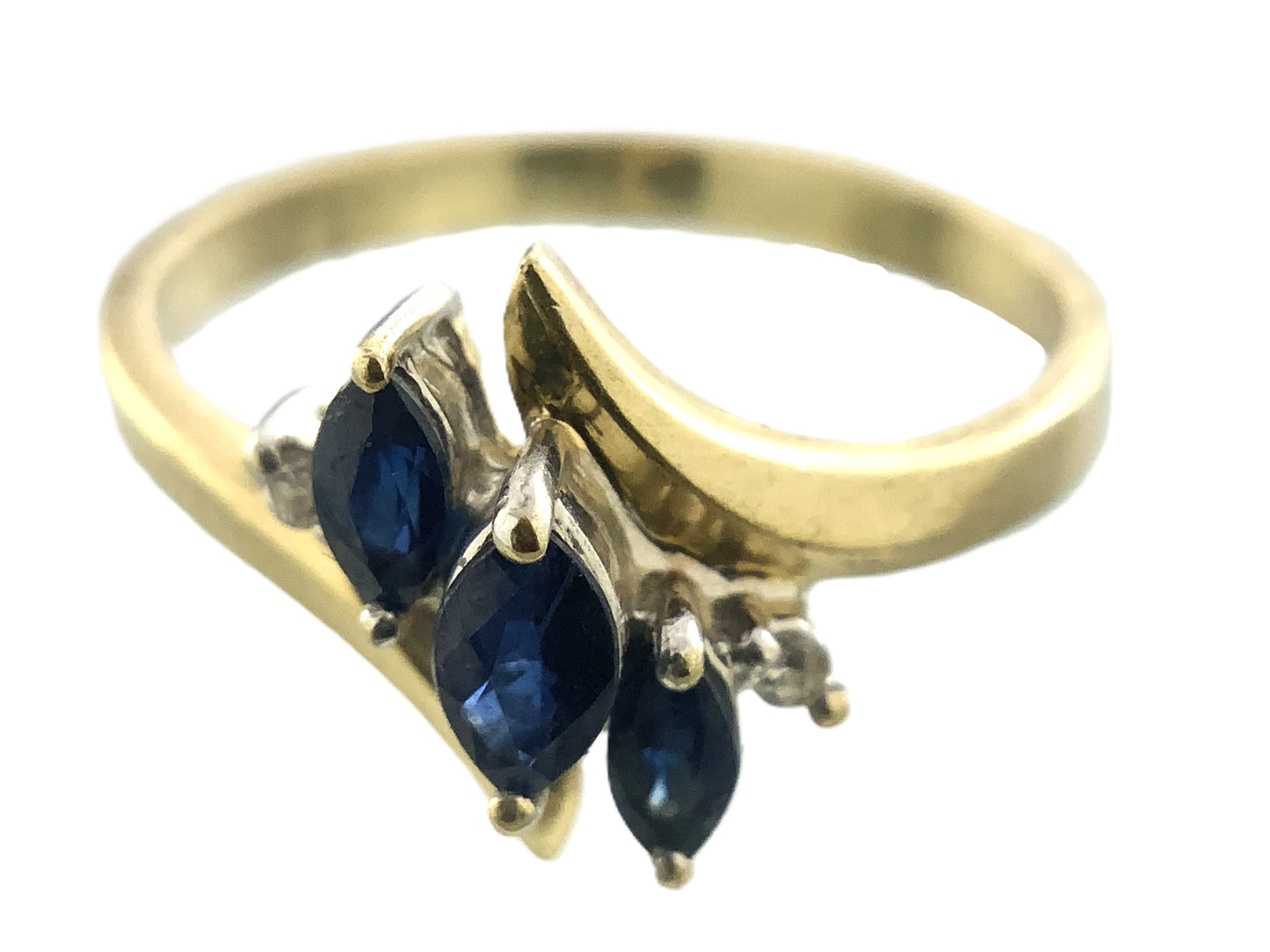 10K Yellow Gold 3 Marquise Cut Blue Sapphires with 2 Diamonds .04 Total Carats Size 6.5 Bypass Ring AU420