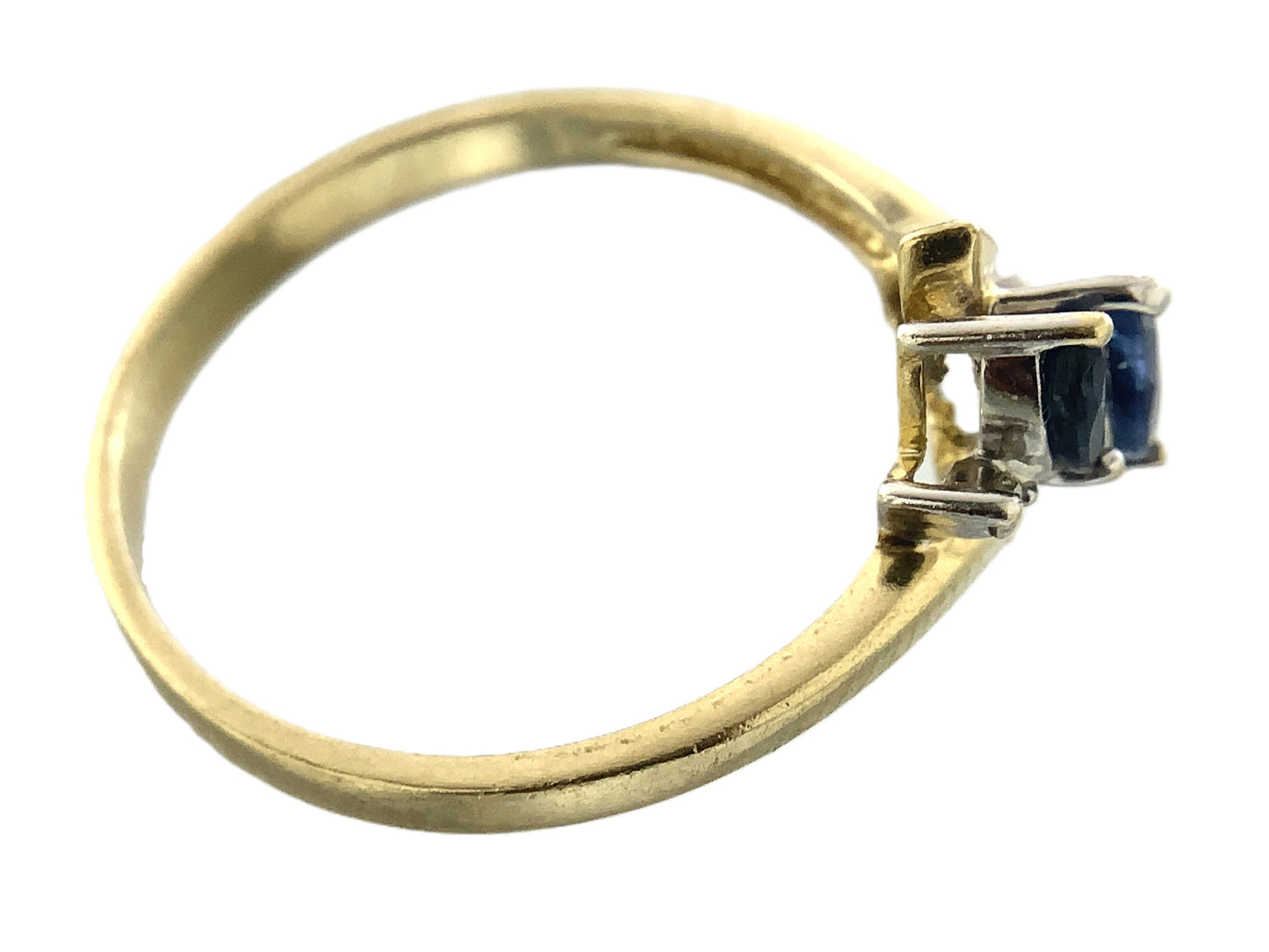 10K Yellow Gold 3 Marquise Cut Blue Sapphires with 2 Diamonds .04 Total Carats Size 6.5 Bypass Ring AU420