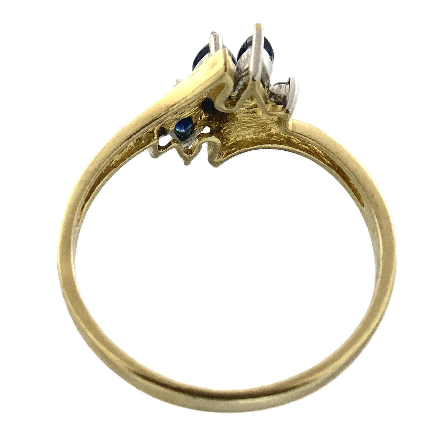10K Yellow Gold 3 Marquise Cut Blue Sapphires with 2 Diamonds .04 Total Carats Size 6.5 Bypass Ring AU420