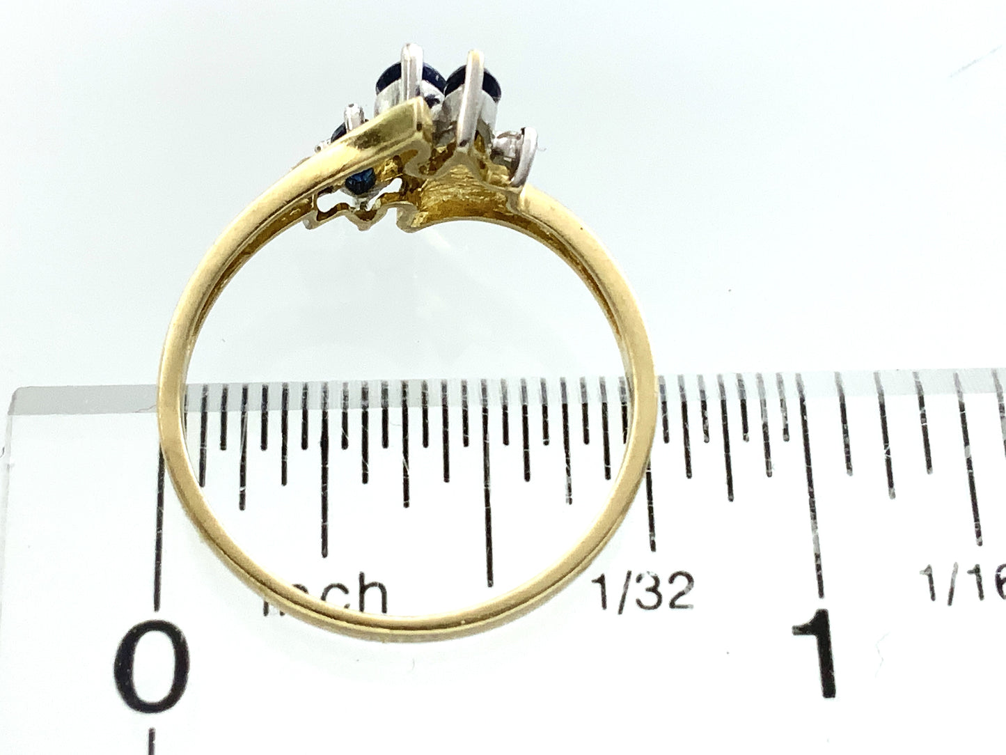 10K Yellow Gold 3 Marquise Cut Blue Sapphires with 2 Diamonds .04 Total Carats Size 6.5 Bypass Ring AU420
