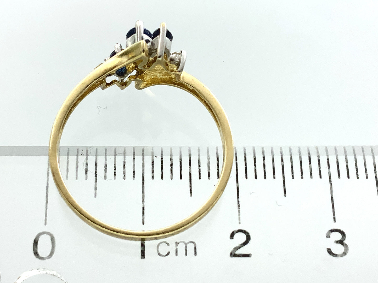 10K Yellow Gold 3 Marquise Cut Blue Sapphires with 2 Diamonds .04 Total Carats Size 6.5 Bypass Ring AU420