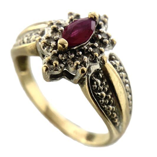 10K Yellow Gold Marquise Cut Red Ruby Cluster with Accent Diamonds .08 Total Carats Size 6.75 Ring AU422