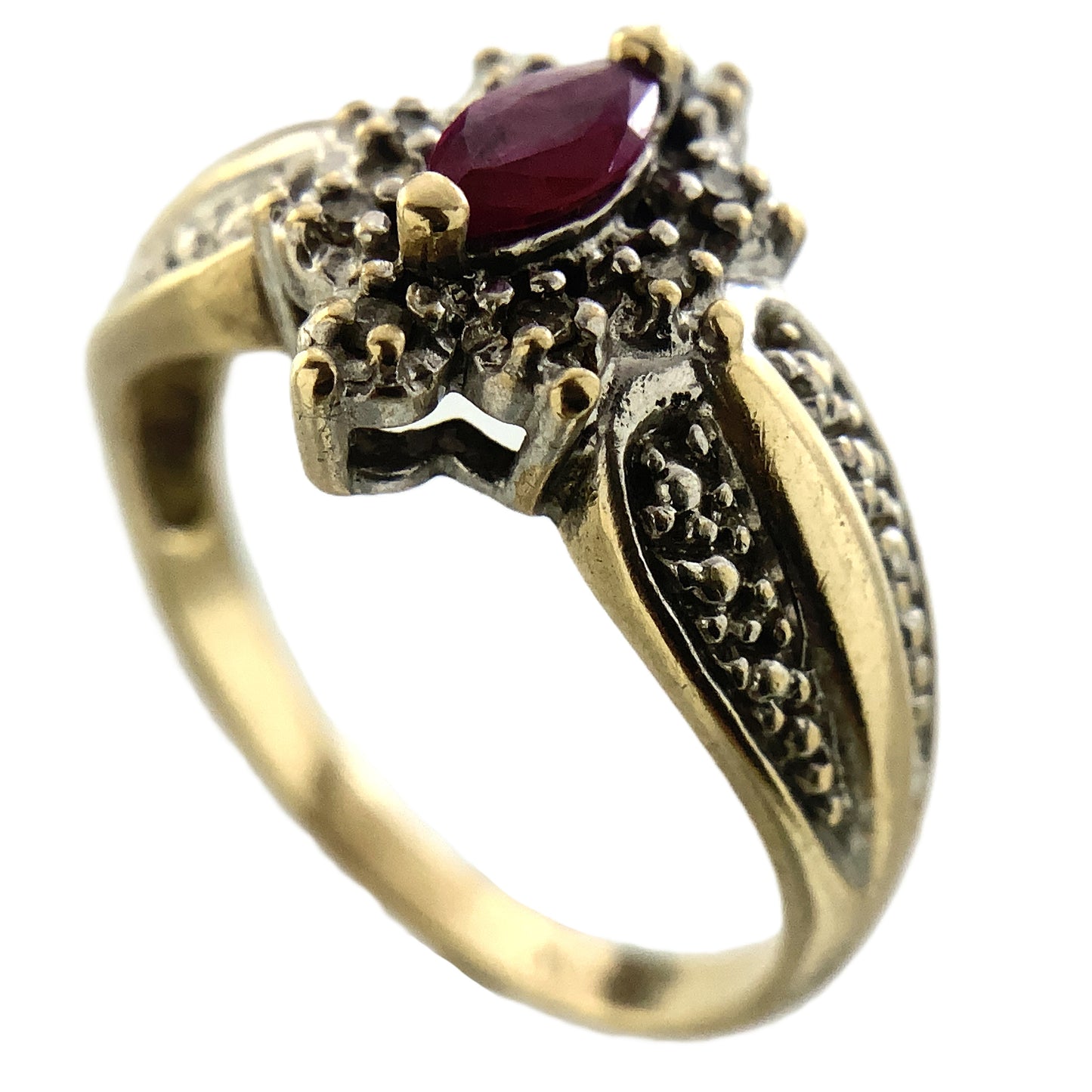 10K Yellow Gold Marquise Cut Red Ruby Cluster with Accent Diamonds .08 Total Carats Size 6.75 Ring AU422
