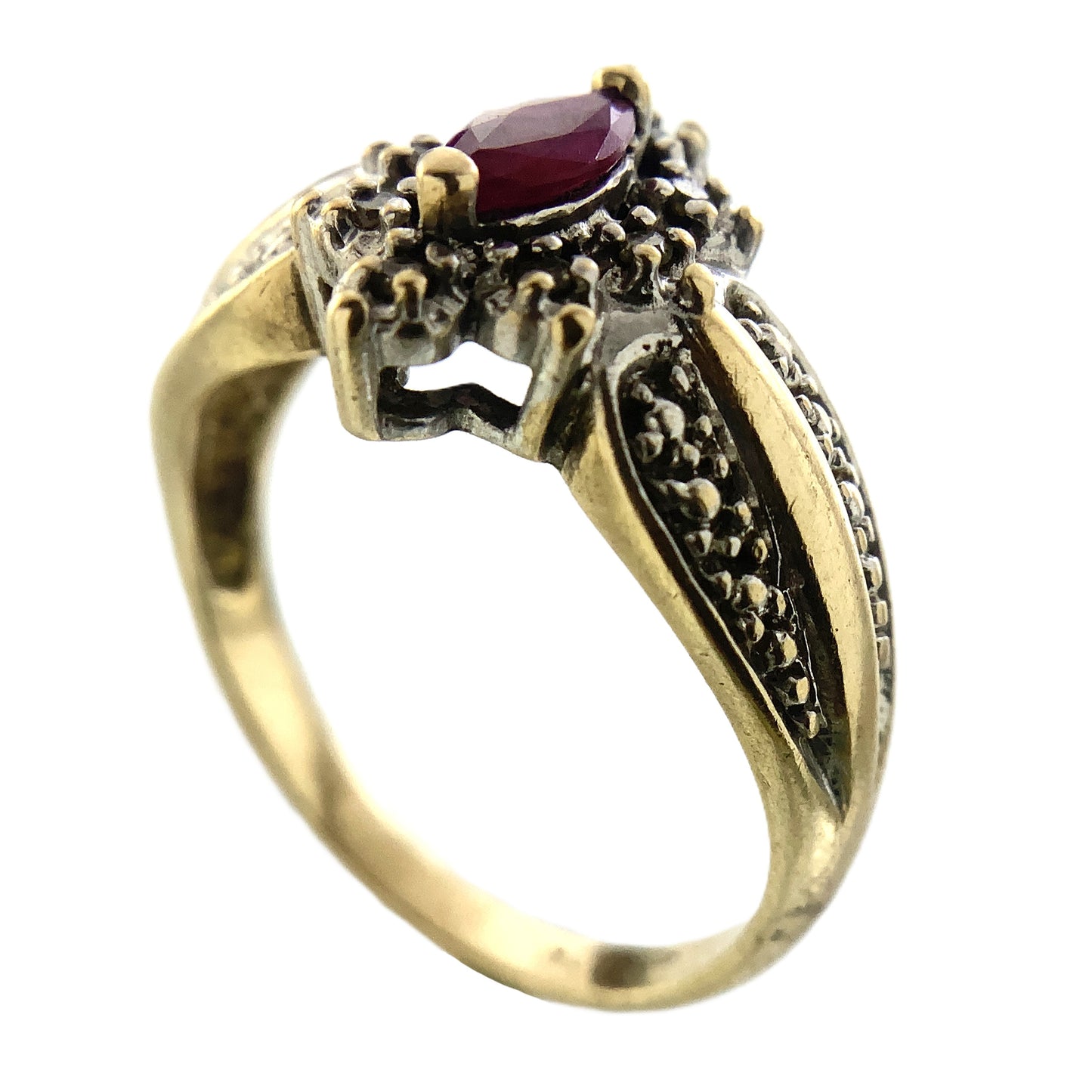 10K Yellow Gold Marquise Cut Red Ruby Cluster with Accent Diamonds .08 Total Carats Size 6.75 Ring AU422