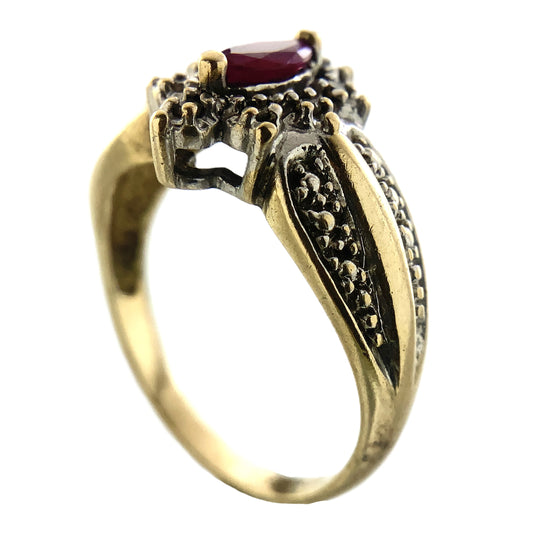 10K Yellow Gold Marquise Cut Red Ruby Cluster with Accent Diamonds .08 Total Carats Size 6.75 Ring AU422