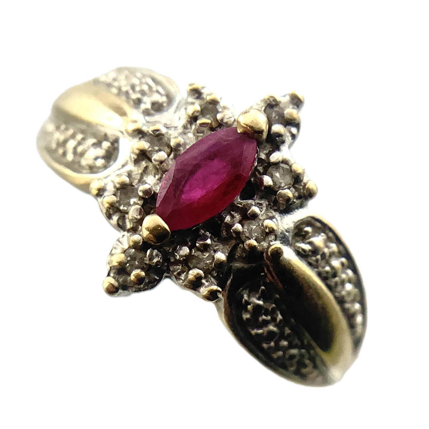 10K Yellow Gold Marquise Cut Red Ruby Cluster with Accent Diamonds .08 Total Carats Size 6.75 Ring AU422