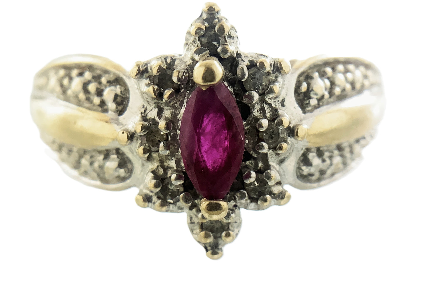 10K Yellow Gold Marquise Cut Red Ruby Cluster with Accent Diamonds .08 Total Carats Size 6.75 Ring AU422