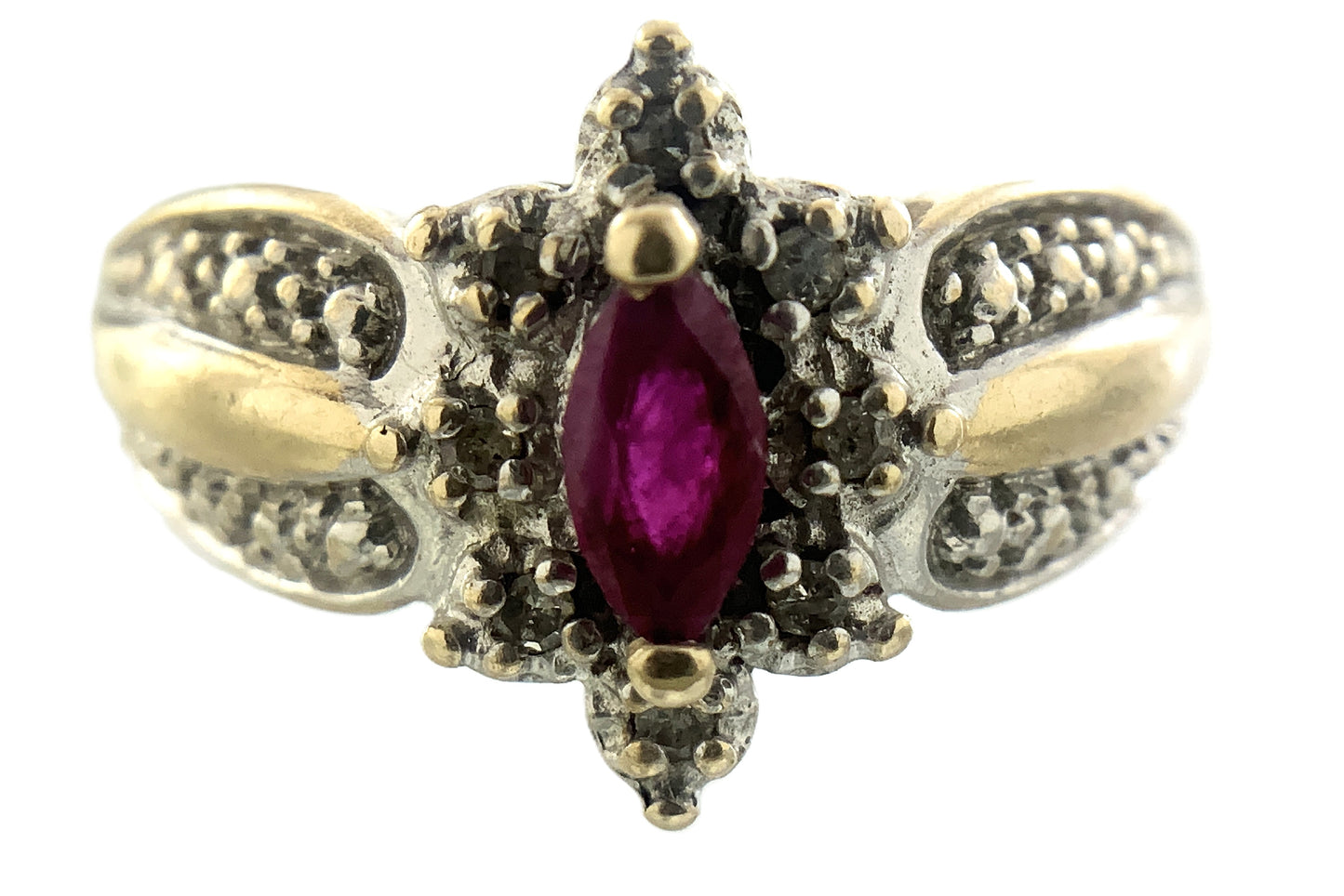 10K Yellow Gold Marquise Cut Red Ruby Cluster with Accent Diamonds .08 Total Carats Size 6.75 Ring AU422