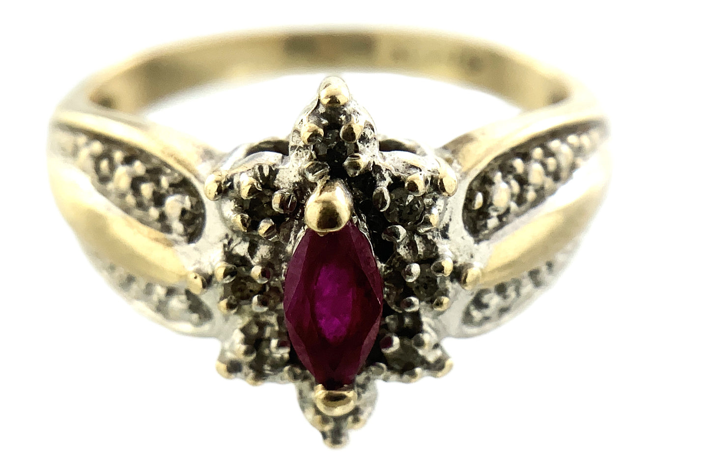 10K Yellow Gold Marquise Cut Red Ruby Cluster with Accent Diamonds .08 Total Carats Size 6.75 Ring AU422