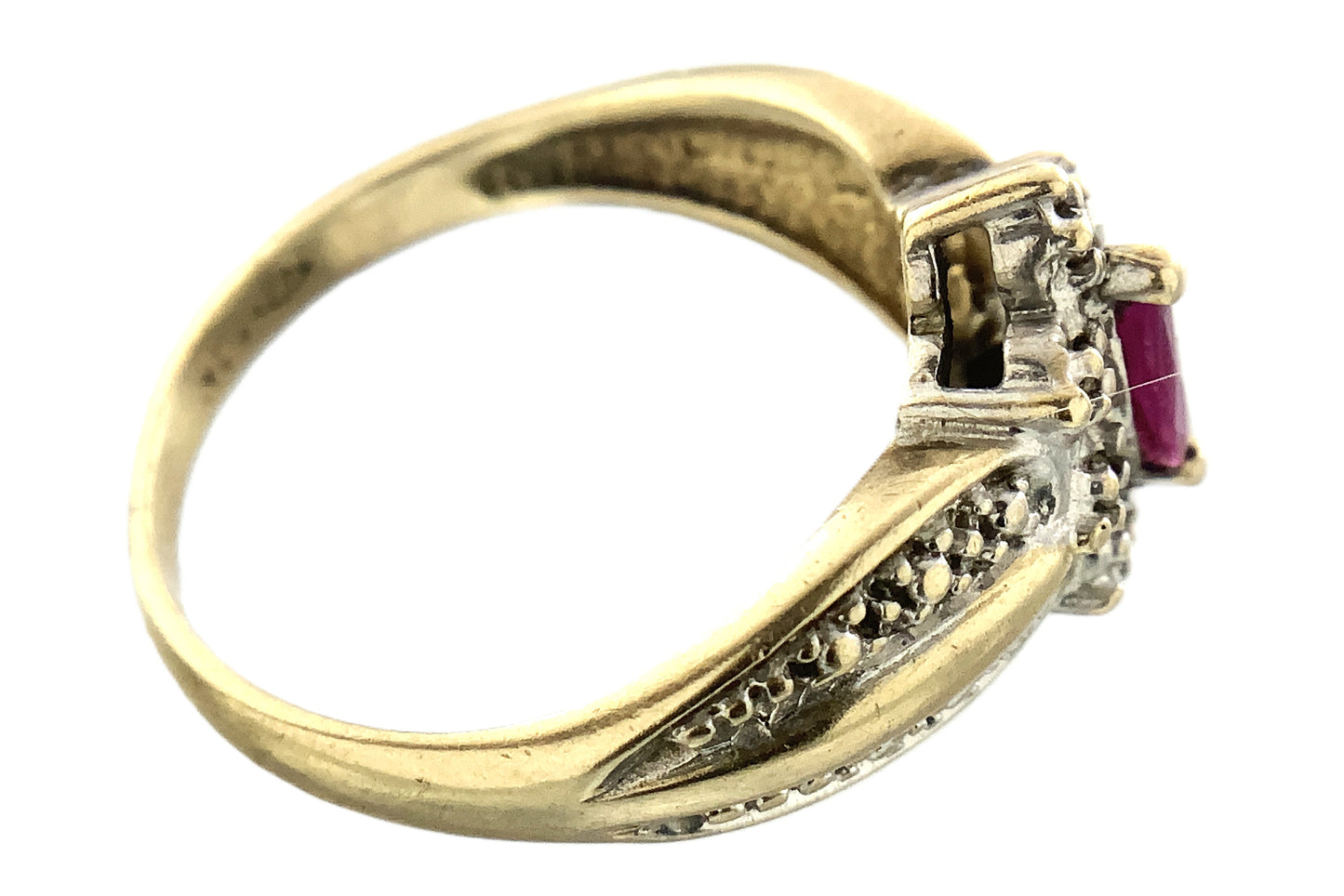 10K Yellow Gold Marquise Cut Red Ruby Cluster with Accent Diamonds .08 Total Carats Size 6.75 Ring AU422