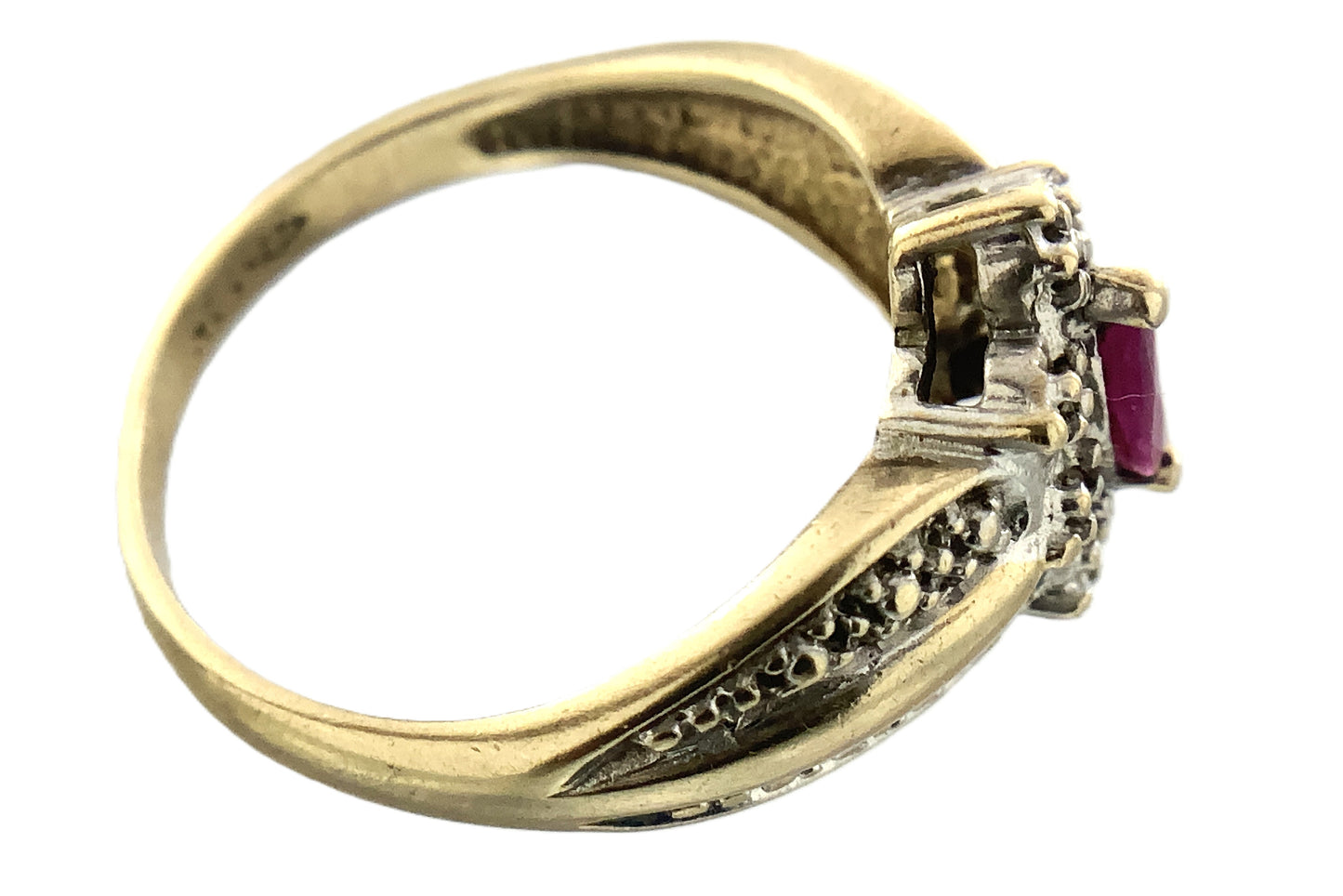 10K Yellow Gold Marquise Cut Red Ruby Cluster with Accent Diamonds .08 Total Carats Size 6.75 Ring AU422
