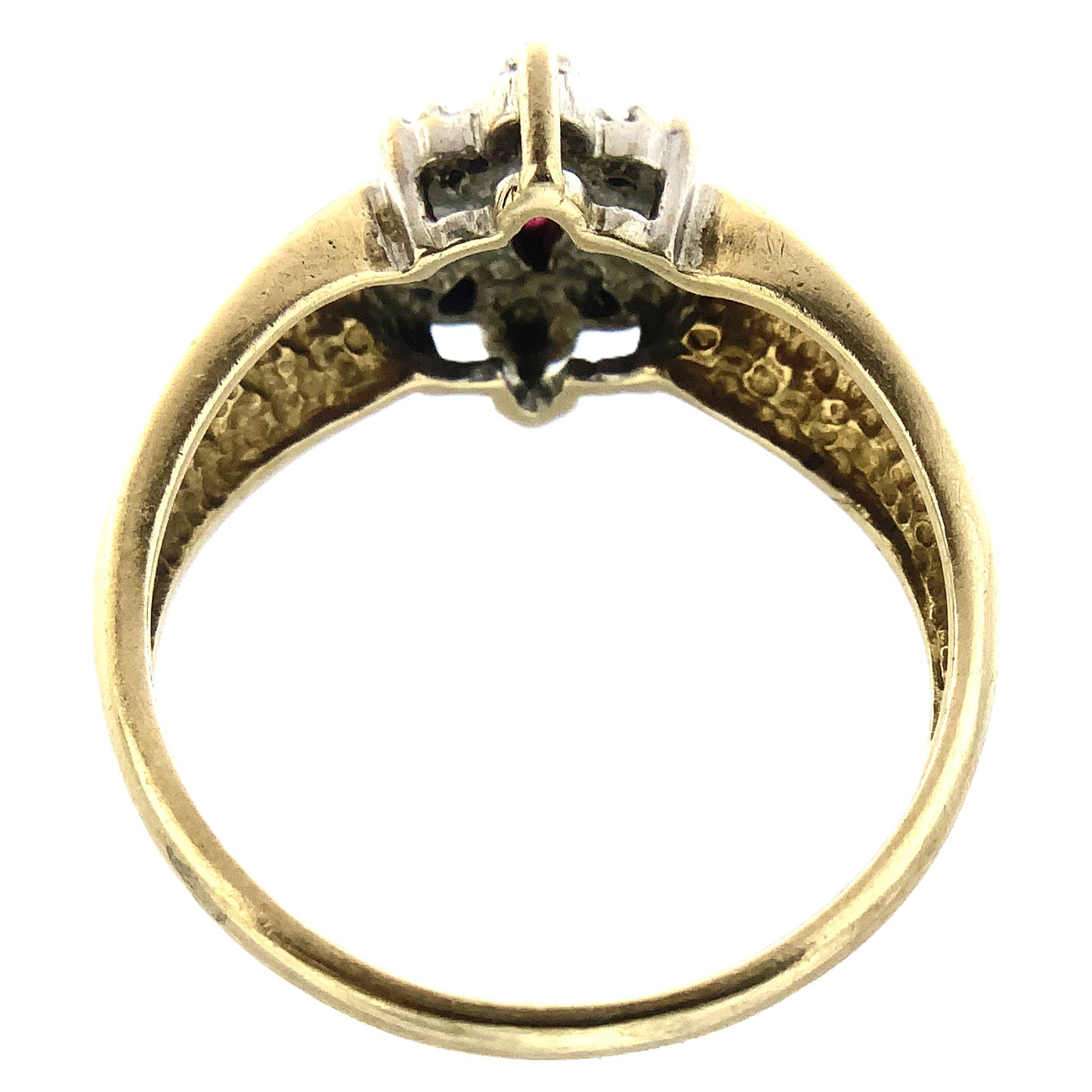 10K Yellow Gold Marquise Cut Red Ruby Cluster with Accent Diamonds .08 Total Carats Size 6.75 Ring AU422