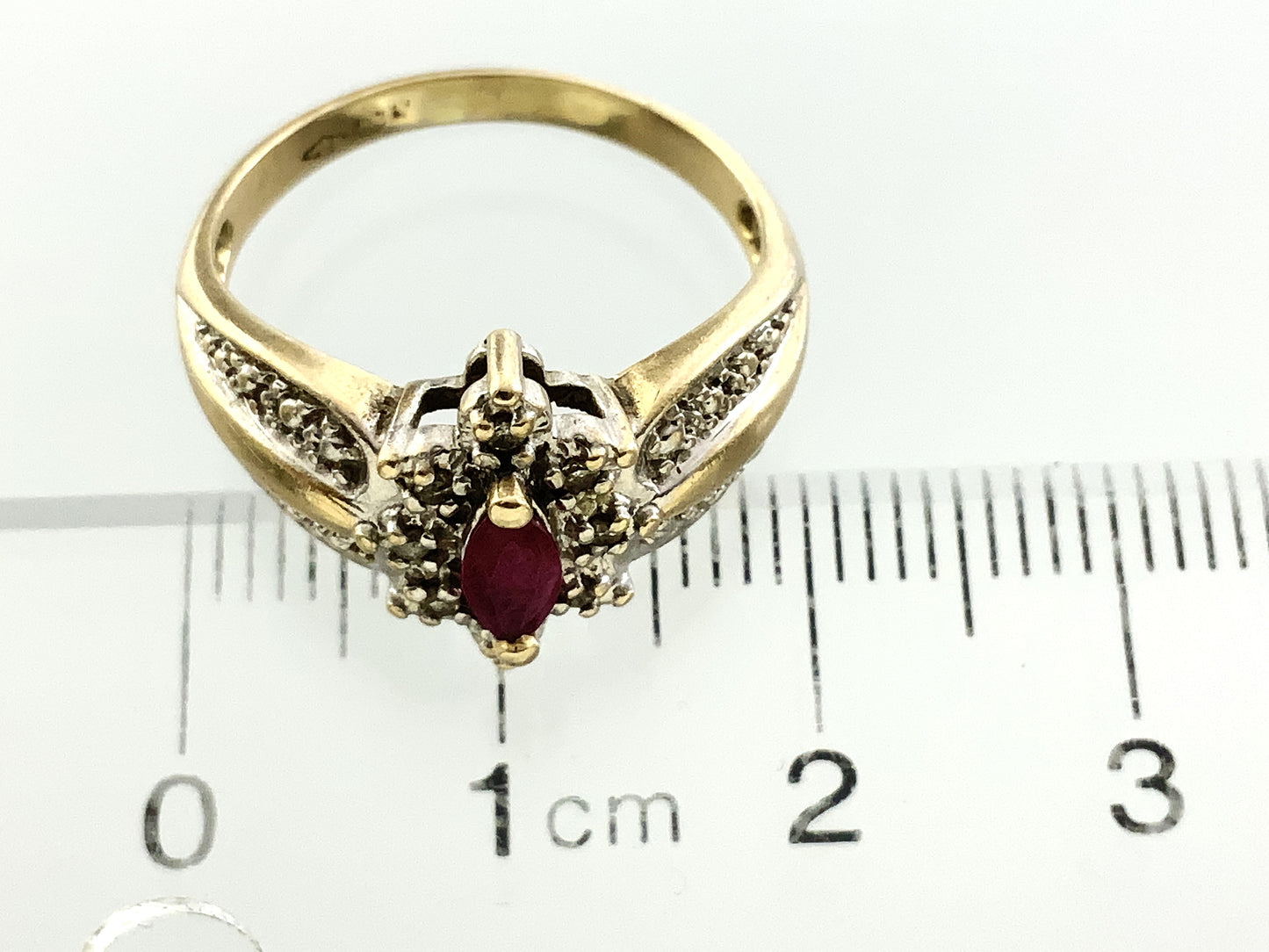 10K Yellow Gold Marquise Cut Red Ruby Cluster with Accent Diamonds .08 Total Carats Size 6.75 Ring AU422
