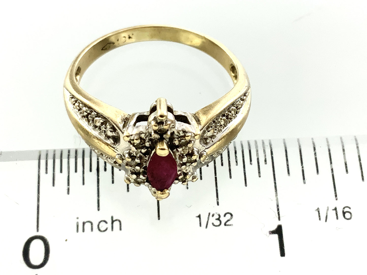 10K Yellow Gold Marquise Cut Red Ruby Cluster with Accent Diamonds .08 Total Carats Size 6.75 Ring AU422