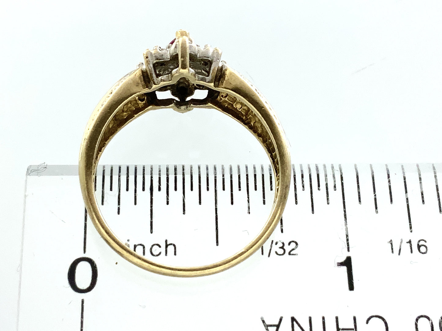 10K Yellow Gold Marquise Cut Red Ruby Cluster with Accent Diamonds .08 Total Carats Size 6.75 Ring AU422