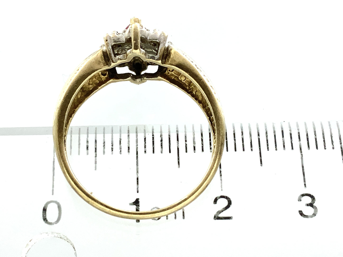 10K Yellow Gold Marquise Cut Red Ruby Cluster with Accent Diamonds .08 Total Carats Size 6.75 Ring AU422