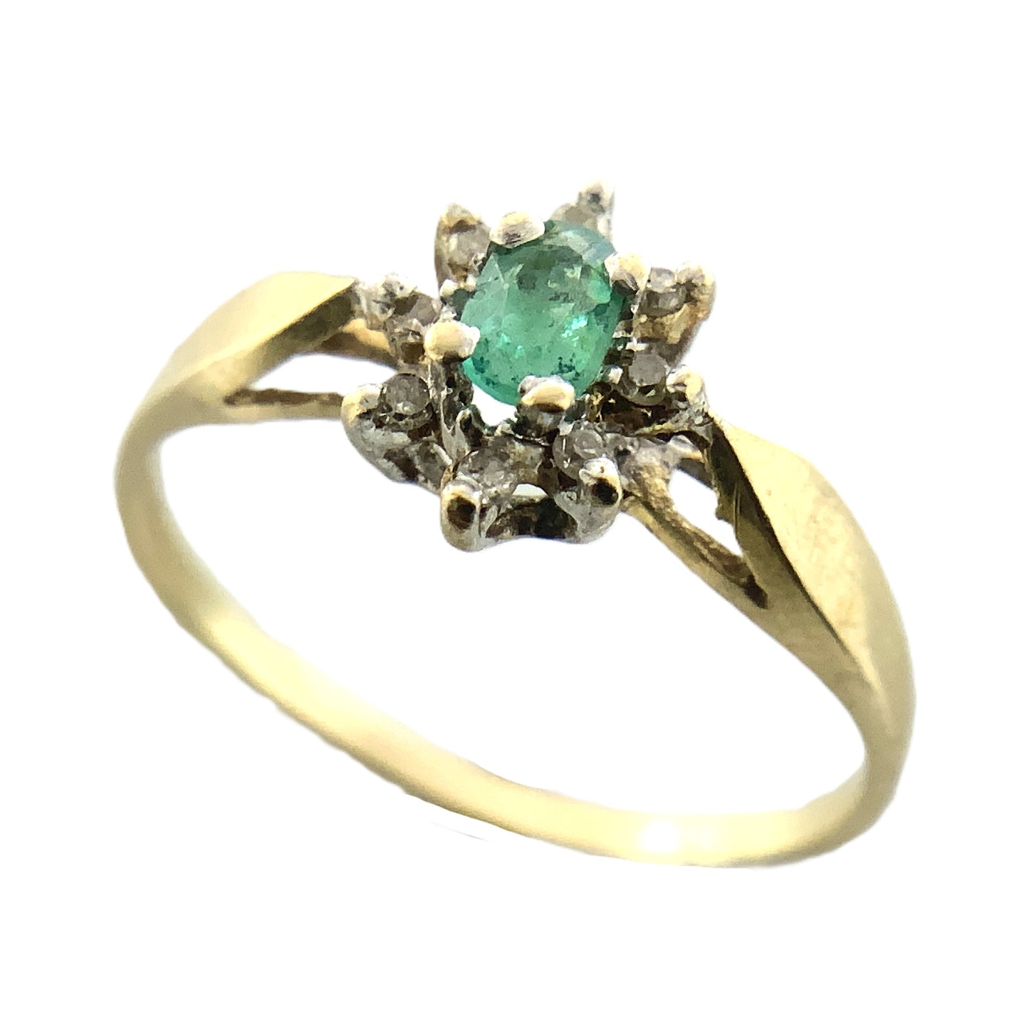 10K Yellow Gold Oval Emerald and Diamond Cluster Halo .08 Total Carats Size 5.5 Ring AU423