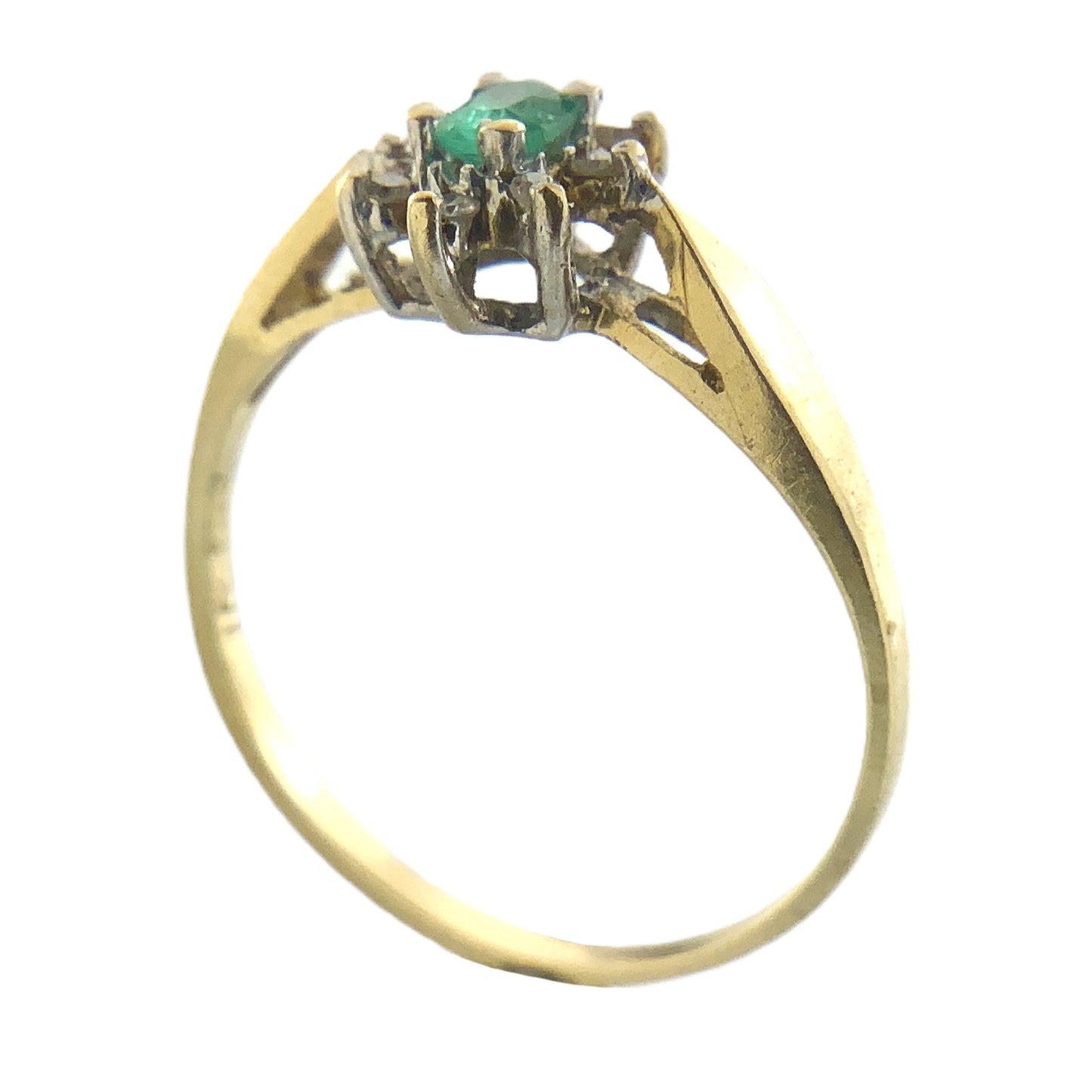 10K Yellow Gold Oval Emerald and Diamond Cluster Halo .08 Total Carats Size 5.5 Ring AU423