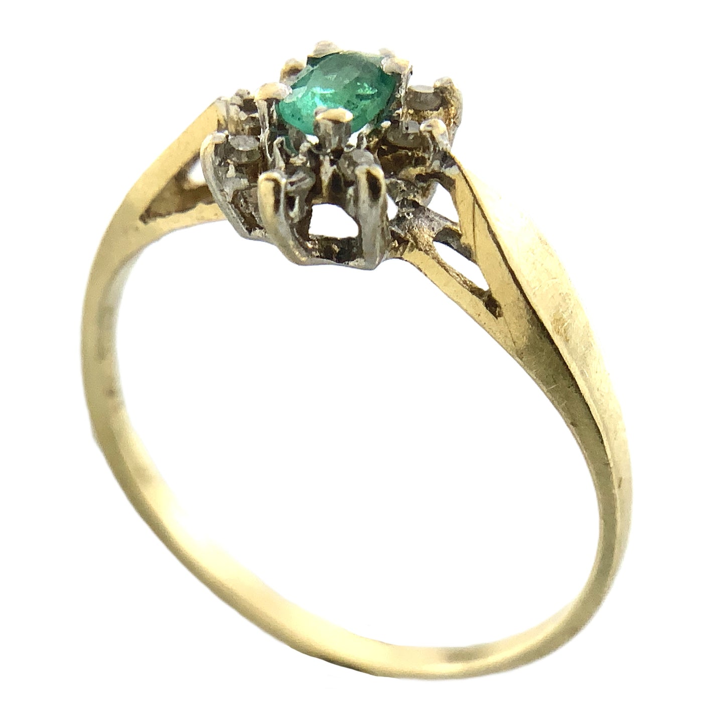10K Yellow Gold Oval Emerald and Diamond Cluster Halo .08 Total Carats Size 5.5 Ring AU423
