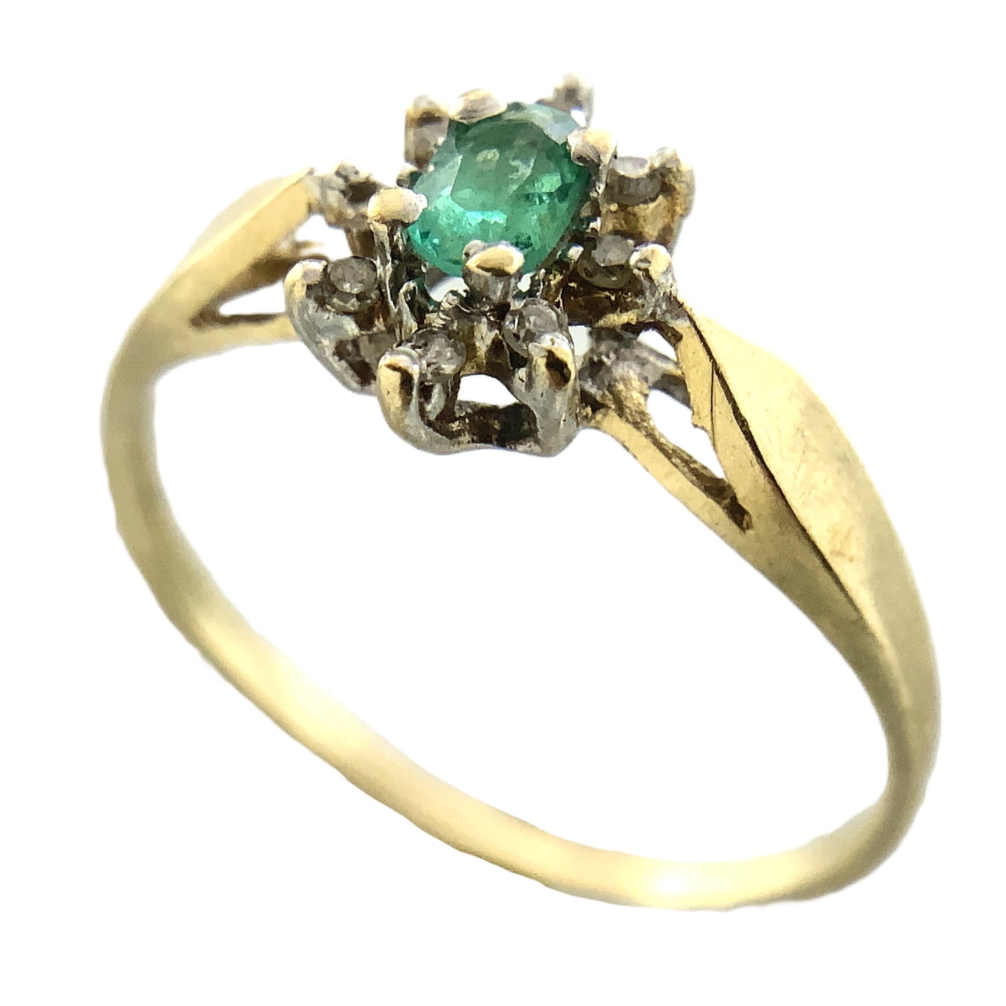 10K Yellow Gold Oval Emerald and Diamond Cluster Halo .08 Total Carats Size 5.5 Ring AU423
