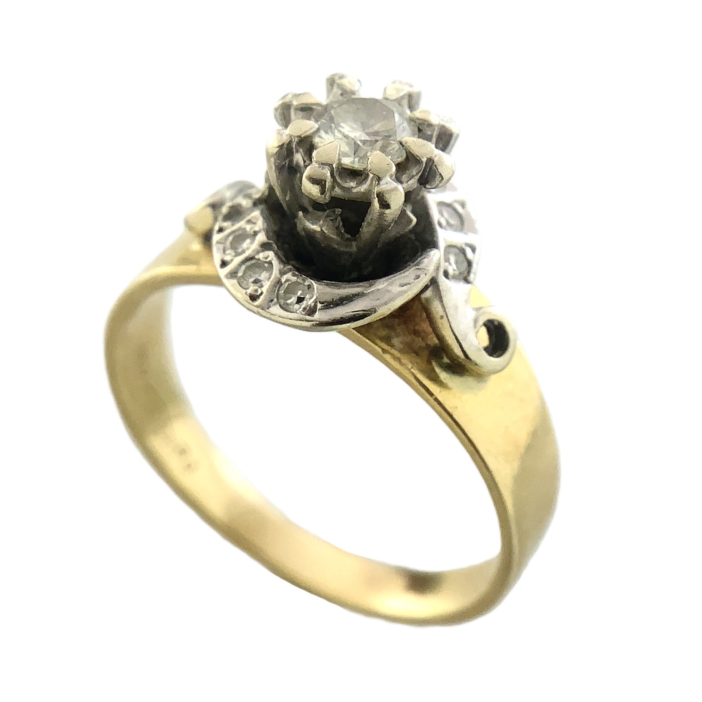 14K Yellow Gold Solitaire Cluster Two Tone Diamond .53 Total Carats Size 7 Ring AU428
