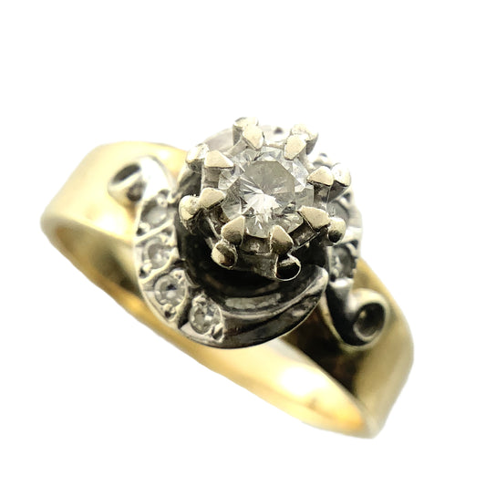 14K Yellow Gold Solitaire Cluster Two Tone Diamond .53 Total Carats Size 7 Ring AU428