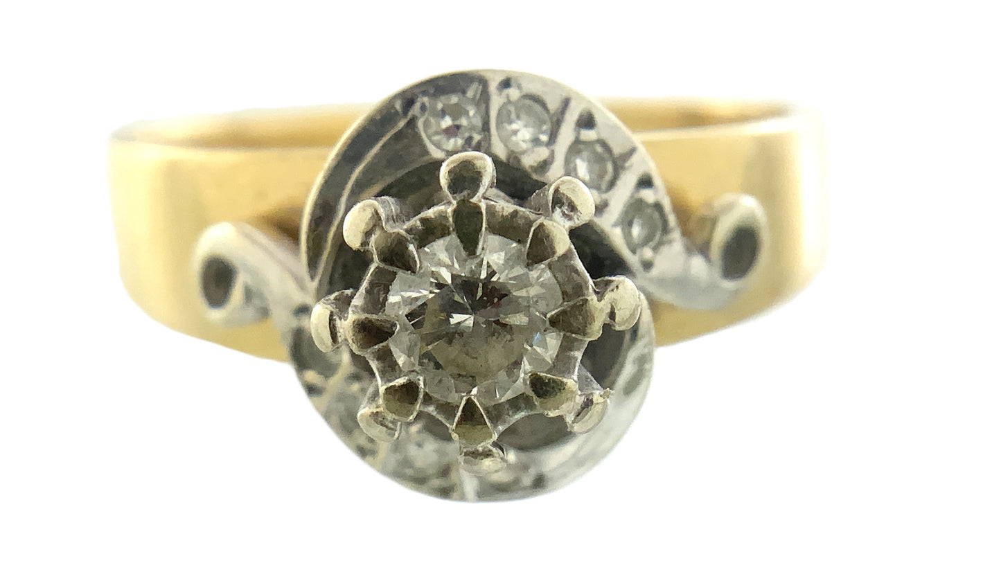 14K Yellow Gold Solitaire Cluster Two Tone Diamond .53 Total Carats Size 7 Ring AU428