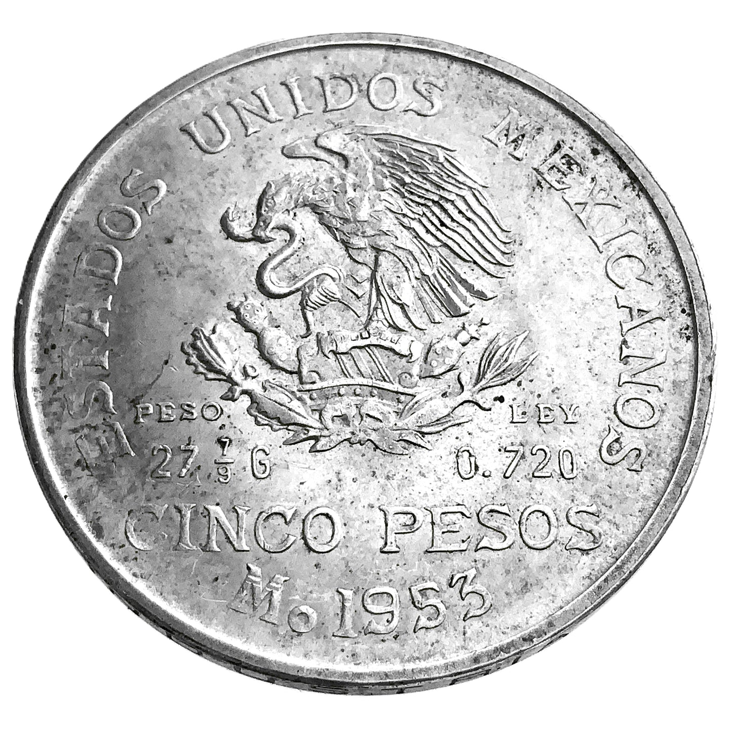 .639 ozt 1953 Hidalgo Mexico Silver 5 Pesos