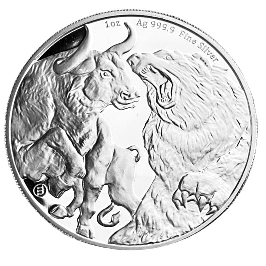 1 ozt Bull vs Bear 9999 Silver Coin